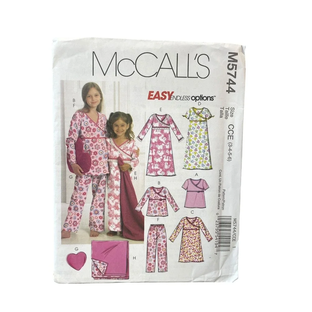 McCall's M5744 Sewing Pattern Girls Size 3-6 Pink Pajamas Gowns Easy Uncut